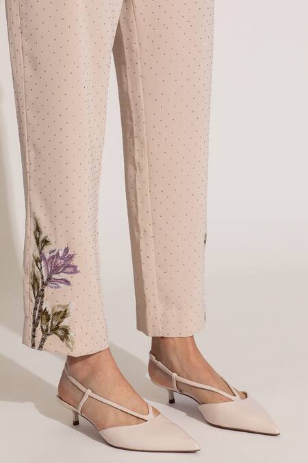 RANNA GILL Beige Linen Embroidery Collared, V-neck Floral Stud Embellished Blouse Online at Aza Fashions RANNA GILL_Beige Linen Embroidery Collared, V-neck Floral Stud Embellished Blouse_Online_at_Aza_Fashions