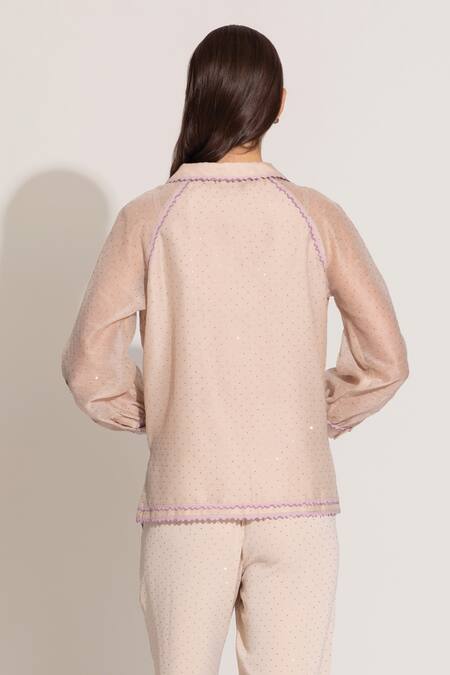 Shop RANNA GILL Beige Linen Embroidery Collared, V-neck Floral Stud Embellished Blouse at Aza Fashions Shop_RANNA GILL_Beige Linen Embroidery Collared, V-neck Floral Stud Embellished Blouse_at_Aza_Fashions