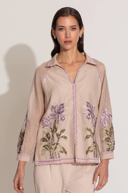 Buy RANNA GILL Beige Linen Embroidery Collared, V-neck Floral Stud Embellished Blouse Online at Aza Fashions Buy_RANNA GILL_Beige Linen Embroidery Collared, V-neck Floral Stud Embellished Blouse_Online_at_Aza_Fashions