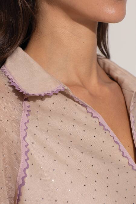 Shop RANNA GILL Beige Linen Embroidery Collared, V-neck Floral Stud Embellished Blouse Online at Aza Fashions Shop_RANNA GILL_Beige Linen Embroidery Collared, V-neck Floral Stud Embellished Blouse_Online_at_Aza_Fashions