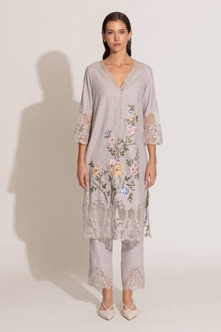 RANNA GILL Beige Polyester Embroidery Scoop Neck Floral Tunic Pant Set Online at Aza Fashions RANNA GILL_Beige Polyester Embroidery Scoop Neck Floral Tunic Pant Set_Online_at_Aza_Fashions