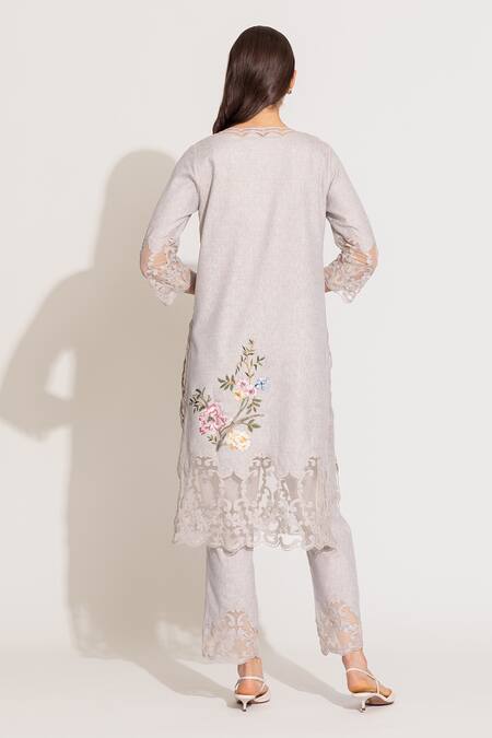 Shop RANNA GILL Beige Polyester Embroidery Scoop Neck Floral Tunic Pant Set at Aza Fashions Shop_RANNA GILL_Beige Polyester Embroidery Scoop Neck Floral Tunic Pant Set_at_Aza_Fashions