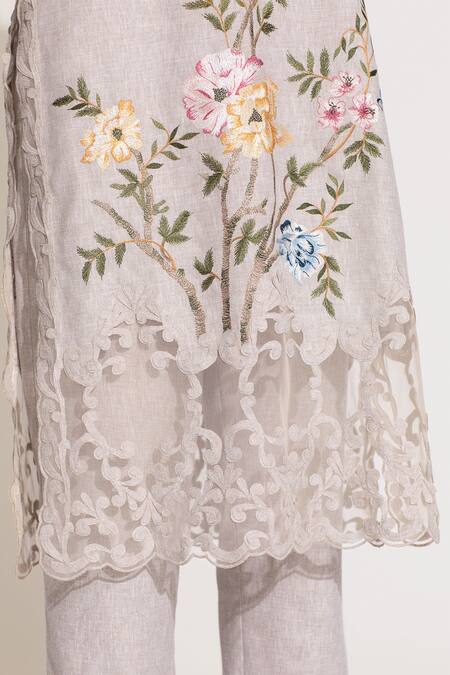 Shop RANNA GILL Beige Polyester Embroidery Scoop Neck Floral Tunic Pant Set Online at Aza Fashions Shop_RANNA GILL_Beige Polyester Embroidery Scoop Neck Floral Tunic Pant Set_Online_at_Aza_Fashions