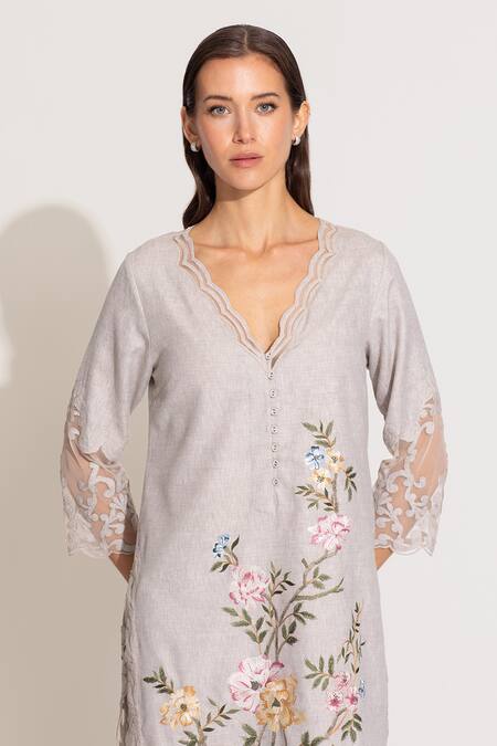 RANNA GILL Beige Polyester Embroidery Scoop Neck Floral Tunic Pant Set at Aza Fashions RANNA GILL_Beige Polyester Embroidery Scoop Neck Floral Tunic Pant Set_at_Aza_Fashions