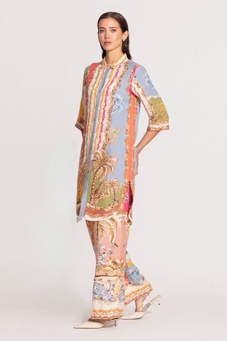 RANNA GILL_Multi Color Viscose, Linen Collared Darla Mediterranean Landscape Tunic_Online_at_Aza_Fashions