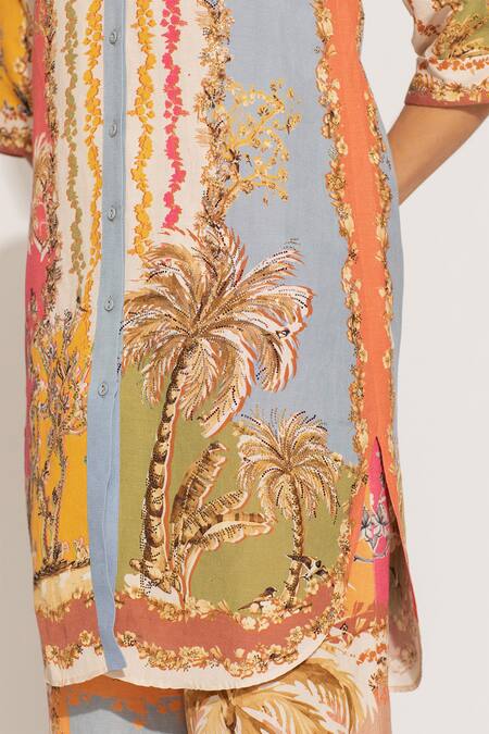 Buy_RANNA GILL_Multi Color Viscose, Linen Collared Darla Mediterranean Landscape Tunic_Online_at_Aza_Fashions