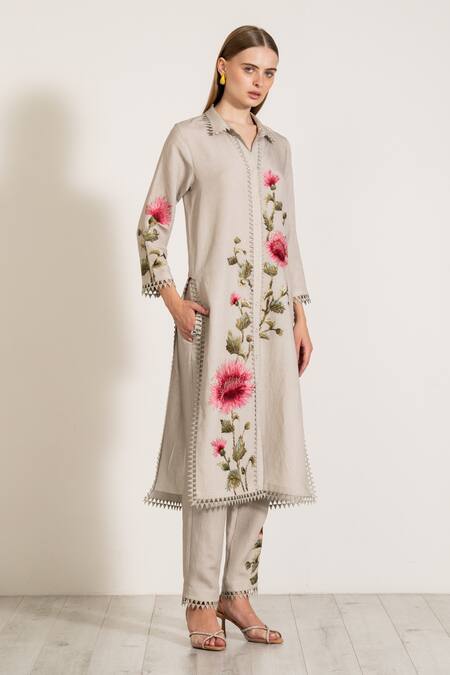 RANNA GILL Gray Viscose, Linen Embroidery Collared Floral Motif Tunic And Pant Set Online at Aza Fashions RANNA GILL_Gray Viscose, Linen Embroidery Collared Floral Motif Tunic And Pant Set_Online_at_Aza_Fashions