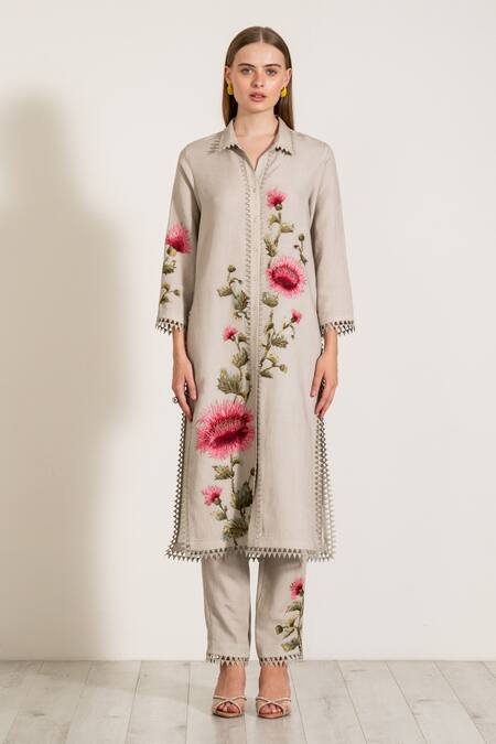 Buy RANNA GILL Gray Viscose, Linen Embroidery Collared Floral Motif Tunic And Pant Set Online at Aza Fashions Buy_RANNA GILL_Gray Viscose, Linen Embroidery Collared Floral Motif Tunic And Pant Set_Online_at_Aza_Fashions