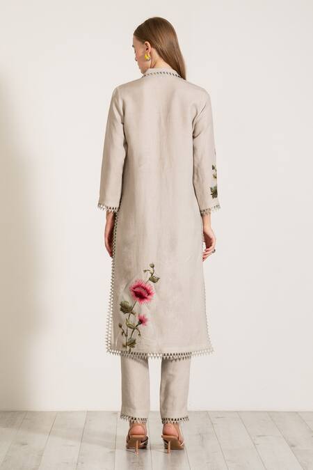 Shop RANNA GILL Gray Viscose, Linen Embroidery Collared Floral Motif Tunic And Pant Set at Aza Fashions Shop_RANNA GILL_Gray Viscose, Linen Embroidery Collared Floral Motif Tunic And Pant Set_at_Aza_Fashions