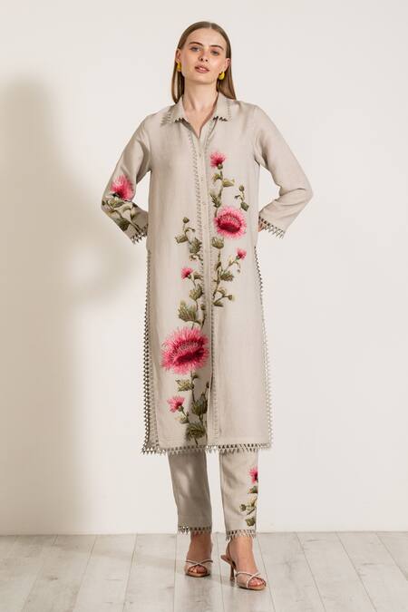Shop RANNA GILL Gray Viscose, Linen Embroidery Collared Floral Motif Tunic And Pant Set Online at Aza Fashions Shop_RANNA GILL_Gray Viscose, Linen Embroidery Collared Floral Motif Tunic And Pant Set_Online_at_Aza_Fashions