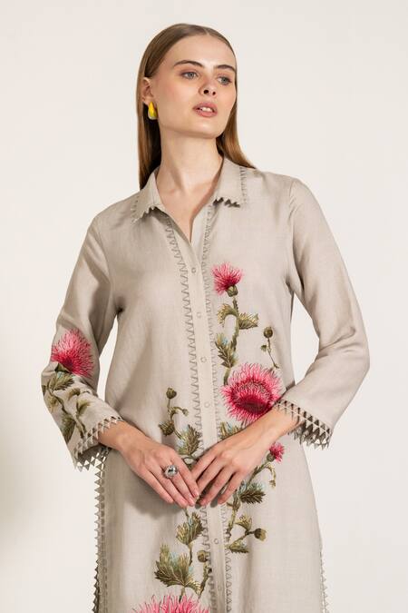 RANNA GILL Gray Viscose, Linen Embroidery Collared Floral Motif Tunic And Pant Set at Aza Fashions RANNA GILL_Gray Viscose, Linen Embroidery Collared Floral Motif Tunic And Pant Set_at_Aza_Fashions