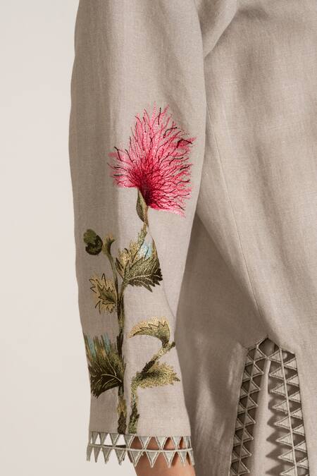 Buy RANNA GILL Gray Viscose, Linen Embroidery Collared Floral Motif Tunic And Pant Set Buy_RANNA GILL_Gray Viscose, Linen Embroidery Collared Floral Motif Tunic And Pant Set