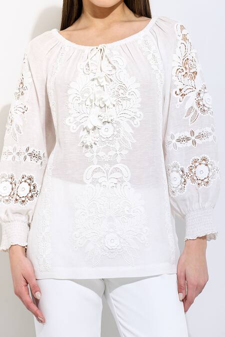 RANNA GILL White Linen Embroidery Round Neck Floral Blouse Online at Aza Fashions RANNA GILL_White Linen Embroidery Round Neck Floral Blouse_Online_at_Aza_Fashions