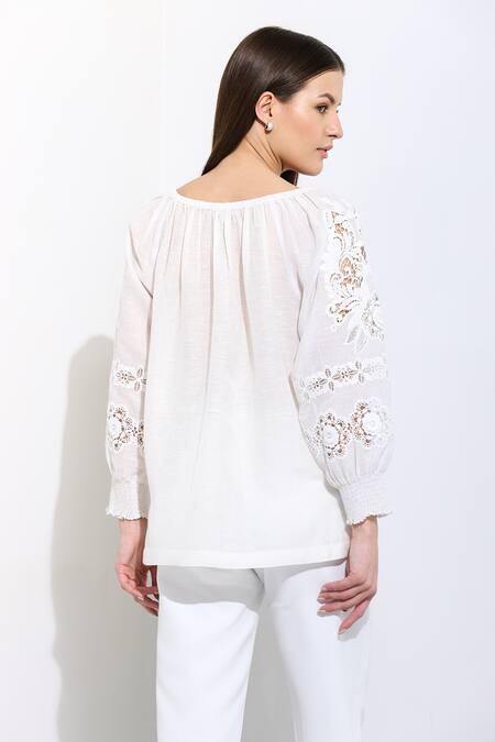 Shop RANNA GILL White Linen Embroidery Round Neck Floral Blouse at Aza Fashions Shop_RANNA GILL_White Linen Embroidery Round Neck Floral Blouse_at_Aza_Fashions