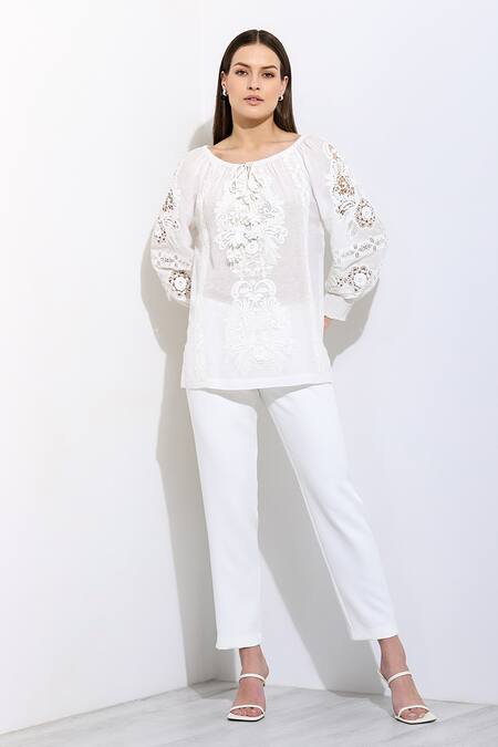 Buy RANNA GILL White Linen Embroidery Round Neck Floral Blouse Online at Aza Fashions Buy_RANNA GILL_White Linen Embroidery Round Neck Floral Blouse_Online_at_Aza_Fashions