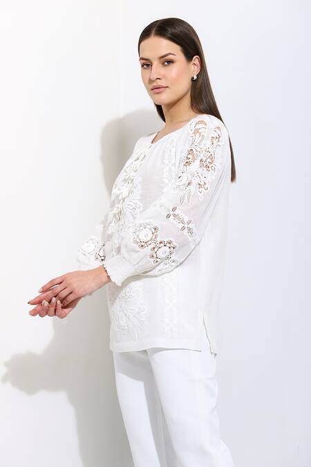 Shop RANNA GILL White Linen Embroidery Round Neck Floral Blouse Online at Aza Fashions Shop_RANNA GILL_White Linen Embroidery Round Neck Floral Blouse_Online_at_Aza_Fashions