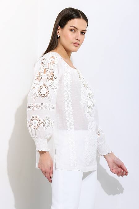 RANNA GILL White Linen Embroidery Round Neck Floral Blouse at Aza Fashions RANNA GILL_White Linen Embroidery Round Neck Floral Blouse_at_Aza_Fashions