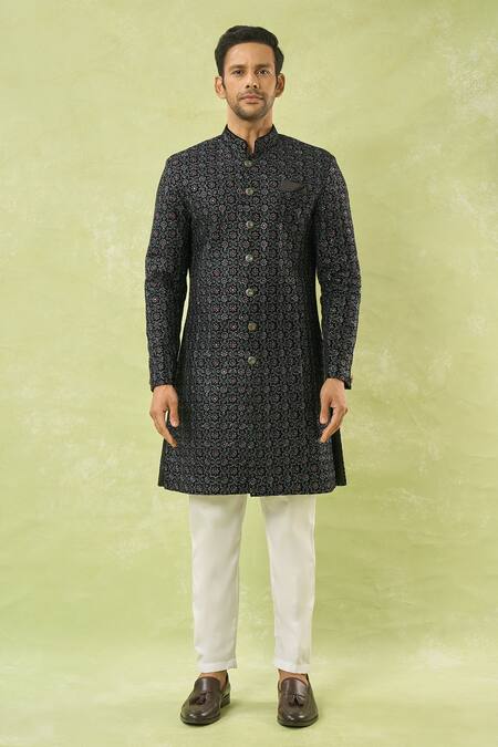 Buy Arihant Rai Sinha Black Velvet, Polyester, Viscose Embroidery, Floral Sherwani And Polo Pant Online at Aza Fashions Buy_Arihant Rai Sinha_Black Velvet, Polyester, Viscose Embroidery, Floral Sherwani And Polo Pant _Online_at_Aza_Fashions