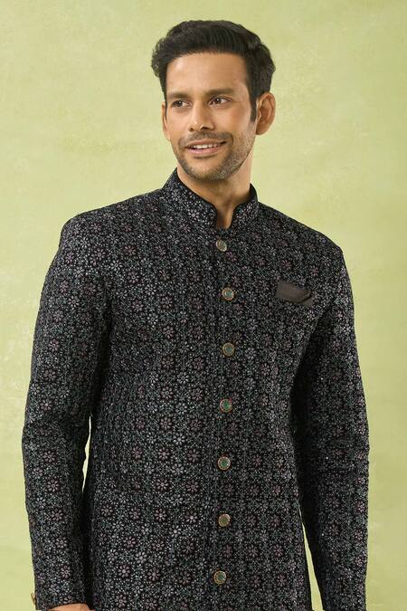 Shop Arihant Rai Sinha Black Velvet, Polyester, Viscose Embroidery, Floral Sherwani And Polo Pant Online at Aza Fashions Shop_Arihant Rai Sinha_Black Velvet, Polyester, Viscose Embroidery, Floral Sherwani And Polo Pant _Online_at_Aza_Fashions