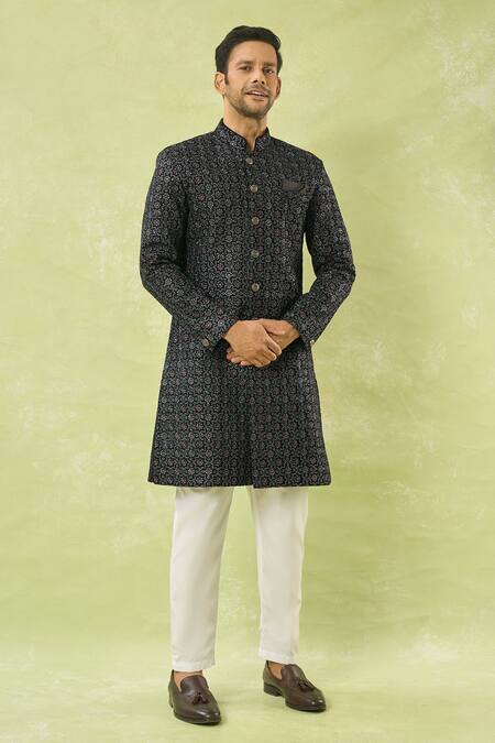 Arihant Rai Sinha Black Velvet, Polyester, Viscose Embroidery, Floral Sherwani And Polo Pant at Aza Fashions Arihant Rai Sinha_Black Velvet, Polyester, Viscose Embroidery, Floral Sherwani And Polo Pant _at_Aza_Fashions