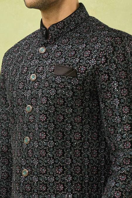 Buy Arihant Rai Sinha Black Velvet, Polyester, Viscose Embroidery, Floral Sherwani And Polo Pant Buy_Arihant Rai Sinha_Black Velvet, Polyester, Viscose Embroidery, Floral Sherwani And Polo Pant