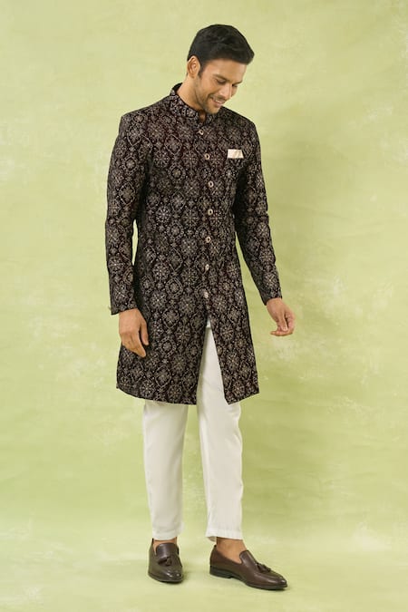 Buy_Arihant Rai Sinha_Maroon Velvet, Polyester, Viscose Embroidery, Floral Sherwani And Polo Pant Set _Online_at_Aza_Fashions