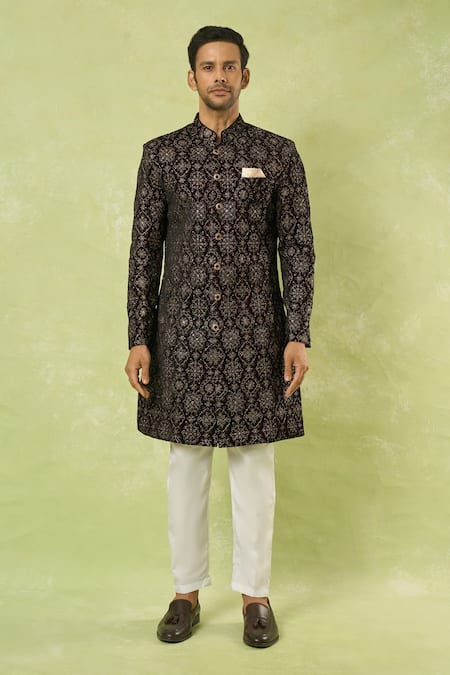 Shop_Arihant Rai Sinha_Maroon Velvet, Polyester, Viscose Embroidery, Floral Sherwani And Polo Pant Set _Online_at_Aza_Fashions