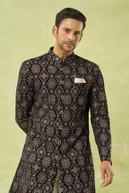 Arihant Rai Sinha_Maroon Velvet, Polyester, Viscose Embroidery, Floral Sherwani And Polo Pant Set _at_Aza_Fashions