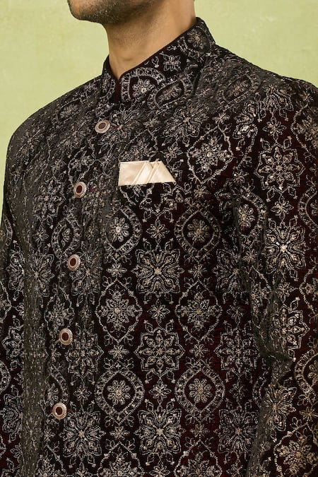 Buy_Arihant Rai Sinha_Maroon Velvet, Polyester, Viscose Embroidery, Floral Sherwani And Polo Pant Set 