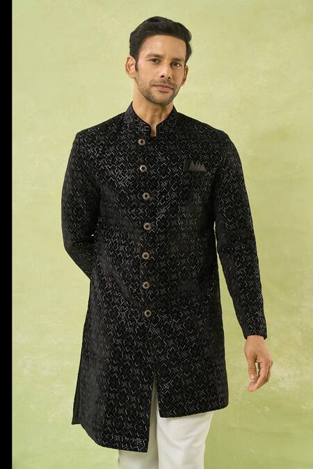 Arihant Rai Sinha_Black Velvet, Cotton Embroidery, Sequins Sherwani And Polo Pant Set _Online_at_Aza_Fashions