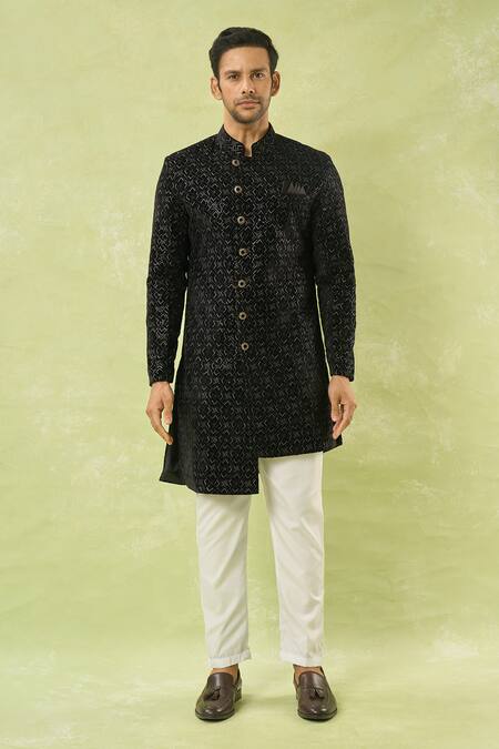 Shop_Arihant Rai Sinha_Black Velvet, Cotton Embroidery, Sequins Sherwani And Polo Pant Set _Online_at_Aza_Fashions