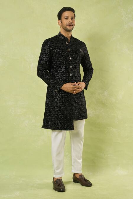 Arihant Rai Sinha_Black Velvet, Cotton Embroidery, Sequins Sherwani And Polo Pant Set _at_Aza_Fashions