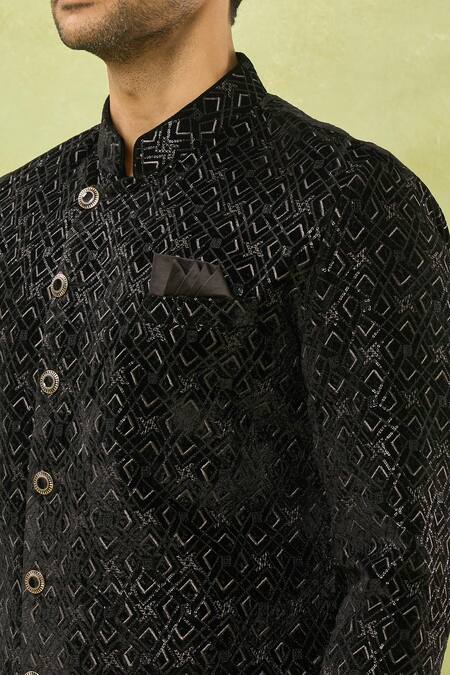 Buy_Arihant Rai Sinha_Black Velvet, Cotton Embroidery, Sequins Sherwani And Polo Pant Set 