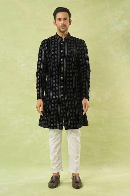 Arihant Rai Sinha Black Velvet Embroidery, Sequins Geometric Sherwani And Polo Pant Set Online at Aza Fashions Arihant Rai Sinha_Black Velvet Embroidery, Sequins Geometric Sherwani And Polo Pant Set _Online_at_Aza_Fashions
