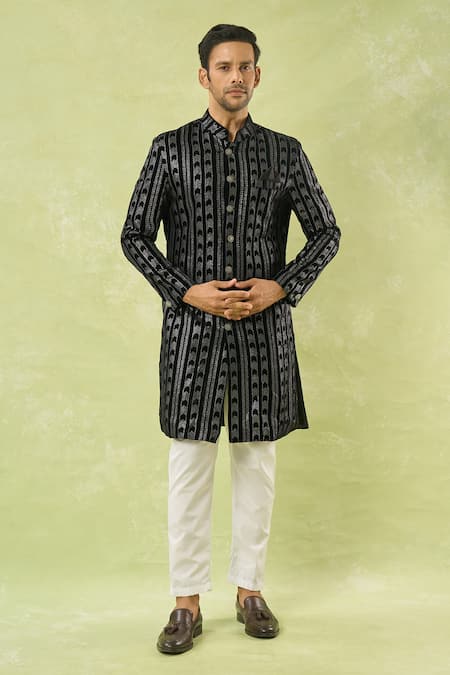 Buy Arihant Rai Sinha Black Velvet Embroidery, Sequins Geometric Sherwani And Polo Pant Set Online at Aza Fashions Buy_Arihant Rai Sinha_Black Velvet Embroidery, Sequins Geometric Sherwani And Polo Pant Set _Online_at_Aza_Fashions