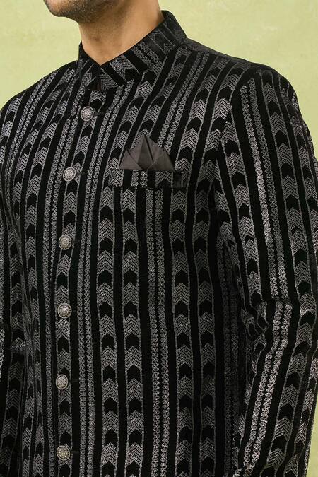 Shop Arihant Rai Sinha Black Velvet Embroidery, Sequins Geometric Sherwani And Polo Pant Set Online at Aza Fashions Shop_Arihant Rai Sinha_Black Velvet Embroidery, Sequins Geometric Sherwani And Polo Pant Set _Online_at_Aza_Fashions