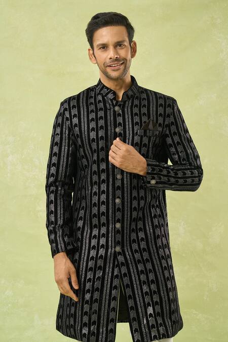 Arihant Rai Sinha Black Velvet Embroidery, Sequins Geometric Sherwani And Polo Pant Set at Aza Fashions Arihant Rai Sinha_Black Velvet Embroidery, Sequins Geometric Sherwani And Polo Pant Set _at_Aza_Fashions