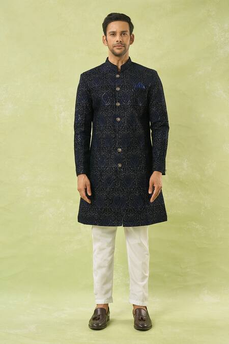 Arihant Rai Sinha_Blue Velvet, Cotton Embroidery, Sequins Floral Sherwani And Polo Pant Set _Online_at_Aza_Fashions