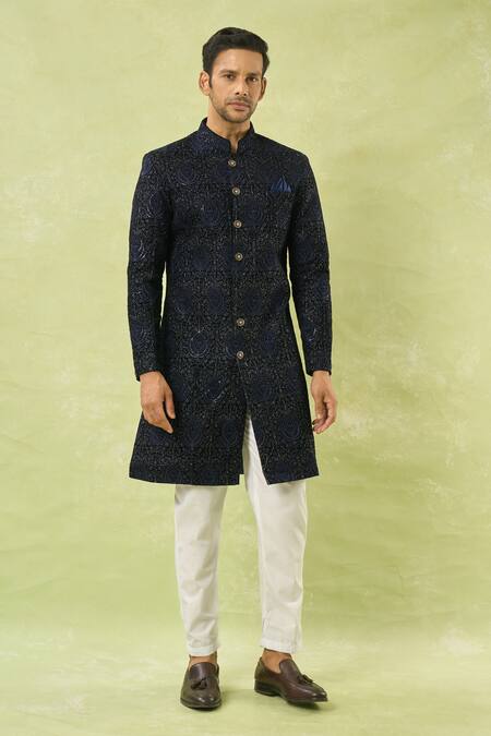 Buy_Arihant Rai Sinha_Blue Velvet, Cotton Embroidery, Sequins Floral Sherwani And Polo Pant Set _Online_at_Aza_Fashions