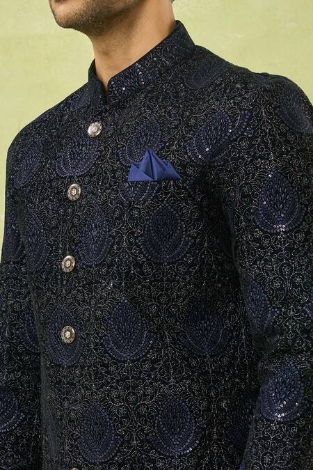 Arihant Rai Sinha_Blue Velvet, Cotton Embroidery, Sequins Floral Sherwani And Polo Pant Set _at_Aza_Fashions