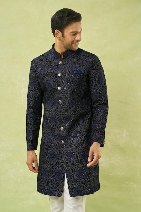 Buy_Arihant Rai Sinha_Blue Velvet, Cotton Embroidery, Sequins Floral Sherwani And Polo Pant Set 