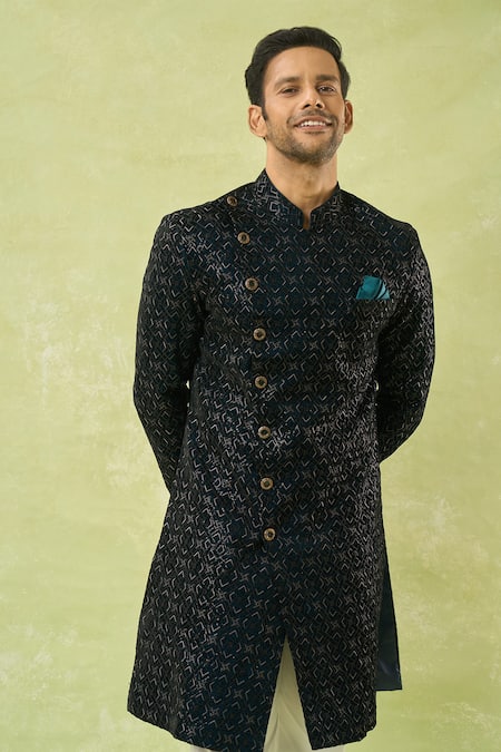 Buy_Arihant Rai Sinha_Blue Velvet Embroidery, Sequins Thread And Sherwani Set _Online_at_Aza_Fashions