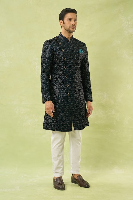 Shop_Arihant Rai Sinha_Blue Velvet Embroidery, Sequins Thread And Sherwani Set _Online_at_Aza_Fashions