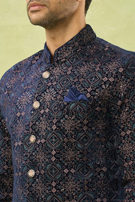 Shop Arihant Rai Sinha Blue Velvet, Polyester Embroidery, Sequins Floral Sherwani Set Online at Aza Fashions Shop_Arihant Rai Sinha_Blue Velvet, Polyester Embroidery, Sequins Floral Sherwani Set _Online_at_Aza_Fashions