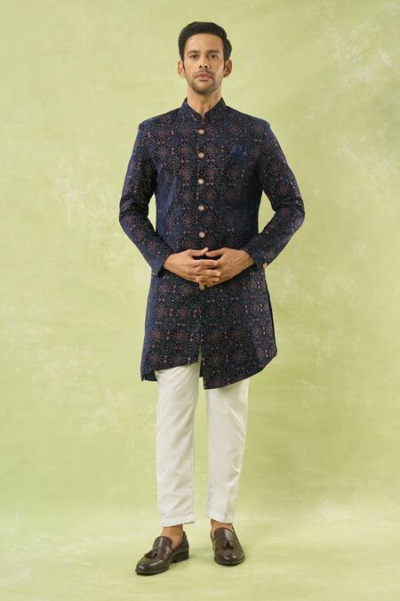 Arihant Rai Sinha Blue Velvet, Polyester Embroidery, Sequins Floral Sherwani Set at Aza Fashions Arihant Rai Sinha_Blue Velvet, Polyester Embroidery, Sequins Floral Sherwani Set _at_Aza_Fashions