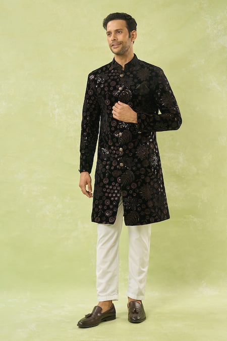 Buy_Arihant Rai Sinha_Black Velvet, Polyester, Viscose Embroidery, Sequins Sherwani And Polo Pant Set _Online_at_Aza_Fashions