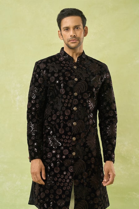 Shop_Arihant Rai Sinha_Black Velvet, Polyester, Viscose Embroidery, Sequins Sherwani And Polo Pant Set _Online_at_Aza_Fashions