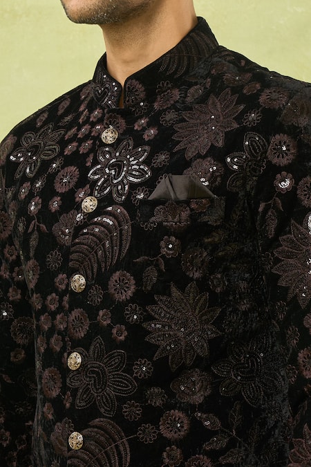 Arihant Rai Sinha_Black Velvet, Polyester, Viscose Embroidery, Sequins Sherwani And Polo Pant Set _at_Aza_Fashions