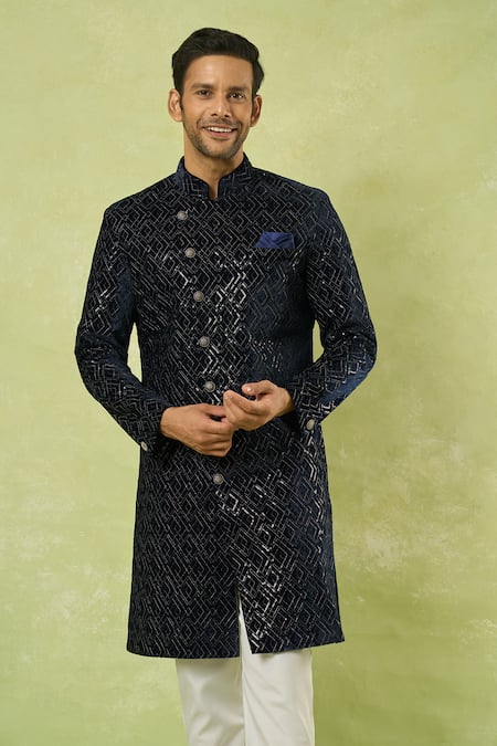 Arihant Rai Sinha_Blue Velvet, Polyester Embroidery Sherwani And Polo Pant _at_Aza_Fashions