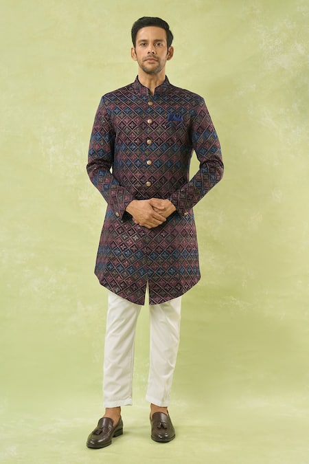 Buy_Arihant Rai Sinha_Blue Velvet, Polyester Embroidery, Sequins Sherwani And Polo Pant _Online_at_Aza_Fashions